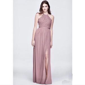 Davids Bridal Open-Back Lace Mesh Dusty Rose Bridesmaid Dress. Size 8